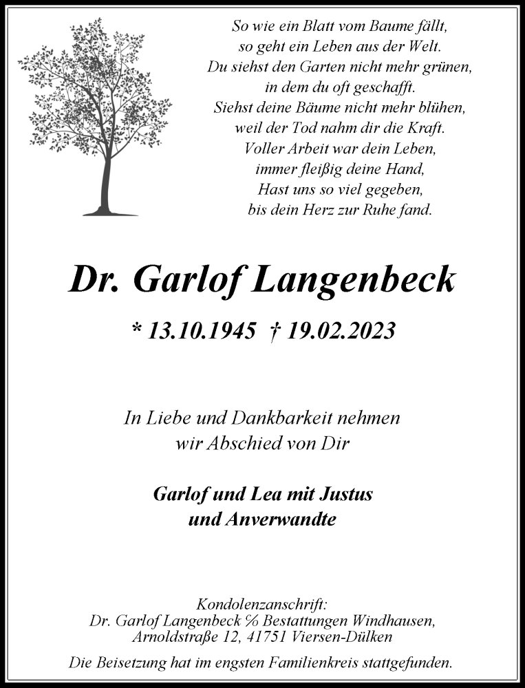  Traueranzeige für Garlof Langenbeck vom 11.03.2023 aus Rheinische Post