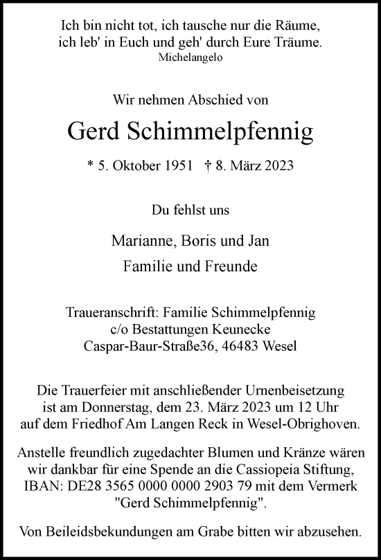 Traueranzeige von Gerd Schimmelpfennig von Rheinische Post