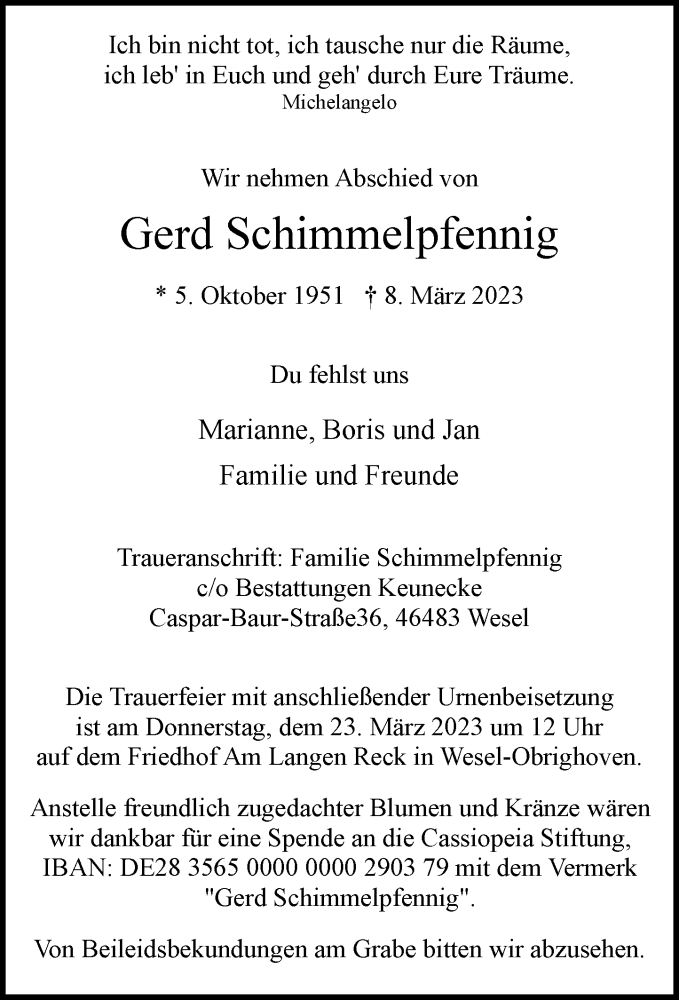  Traueranzeige für Gerd Schimmelpfennig vom 18.03.2023 aus Rheinische Post