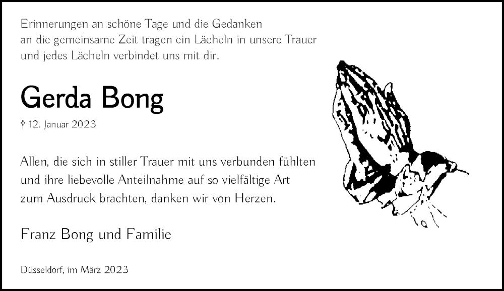  Traueranzeige für Gerda Bong vom 04.03.2023 aus Rheinische Post