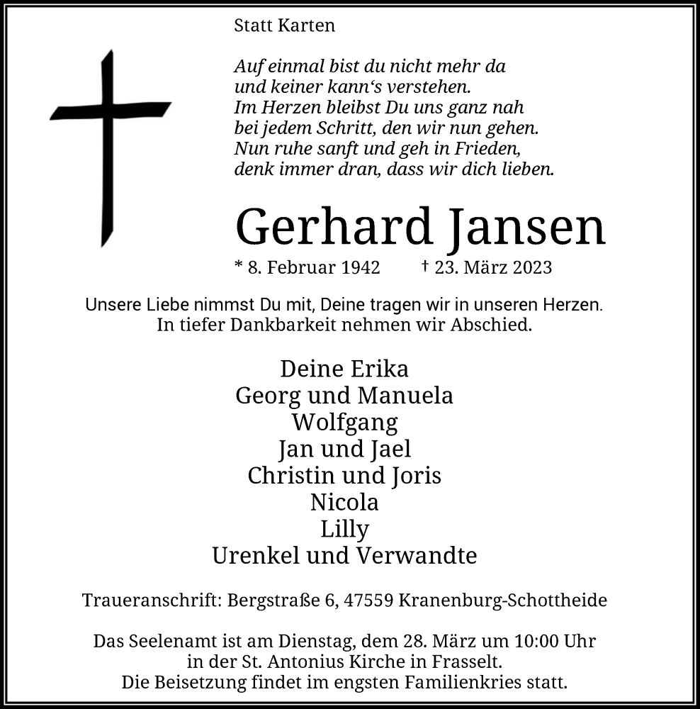  Traueranzeige für Gerhard Jansen vom 25.03.2023 aus Rheinische Post