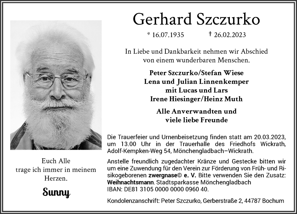  Traueranzeige für Gerhard Szczurko vom 11.03.2023 aus Rheinische Post