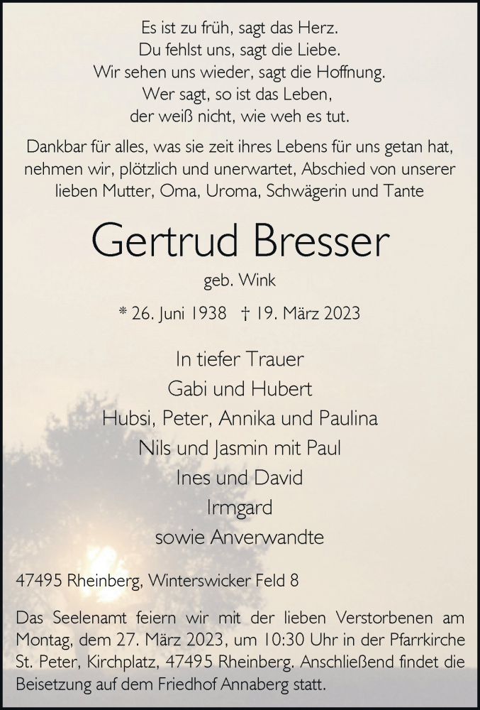  Traueranzeige für Gertrud Bresser vom 22.03.2023 aus Rheinische Post