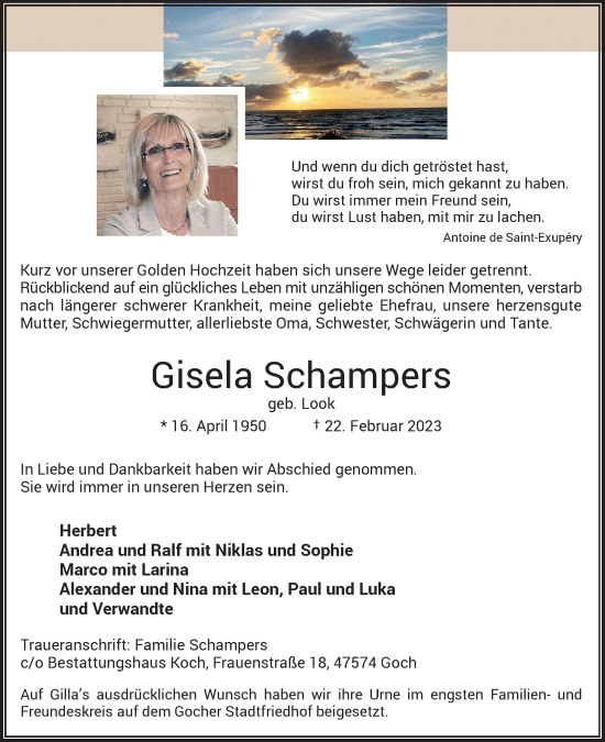 Traueranzeige von Gisela Schampers von Rheinische Post