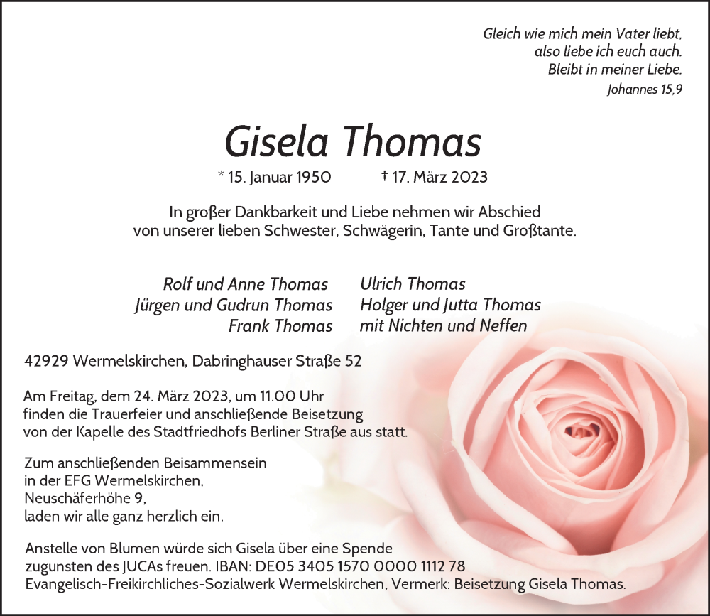  Traueranzeige für Gisela Thomas vom 21.03.2023 aus Rheinische Post