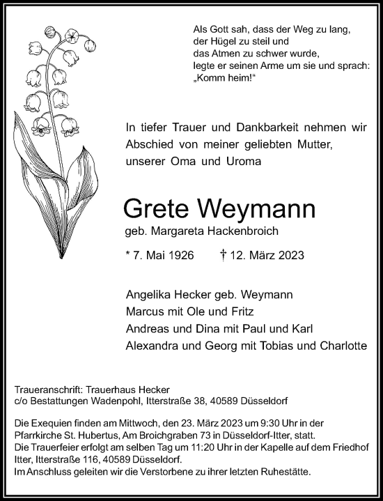Traueranzeige von Grete Weymann von Rheinische Post