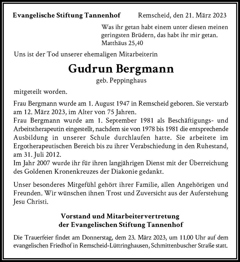  Traueranzeige für Gudrun Bergmann vom 23.03.2023 aus Rheinische Post