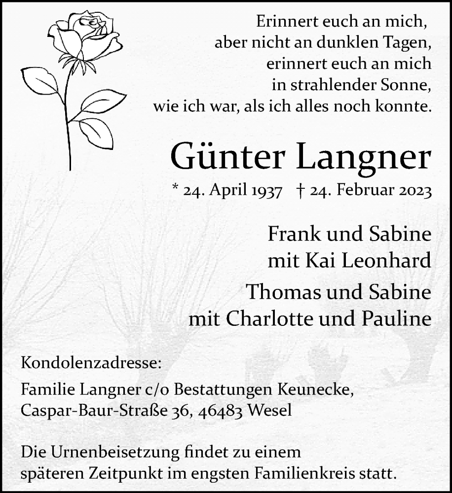  Traueranzeige für Günter Langner vom 04.03.2023 aus Rheinische Post