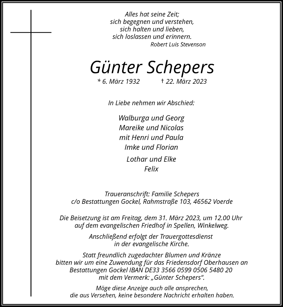  Traueranzeige für Günter Schepers vom 25.03.2023 aus Rheinische Post