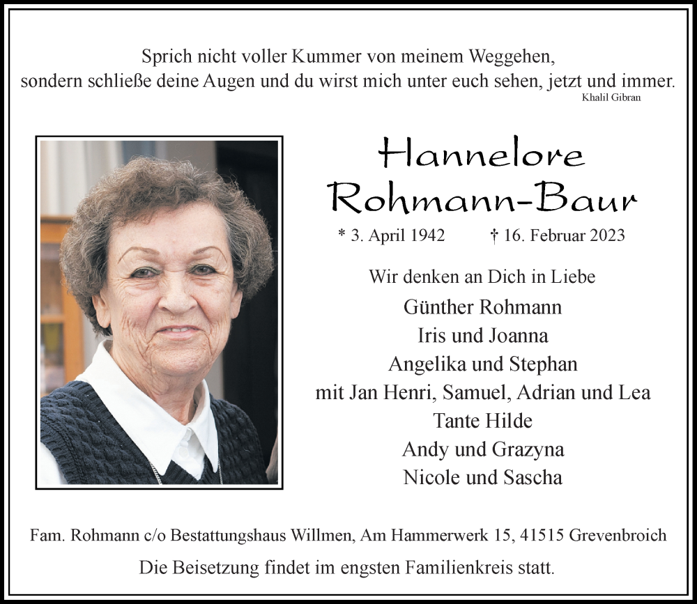  Traueranzeige für Hannelore Rohmann-Baur vom 18.03.2023 aus Rheinische Post