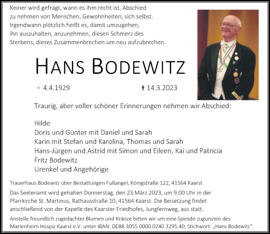 Traueranzeige von Hans Bodewitz von Rheinische Post