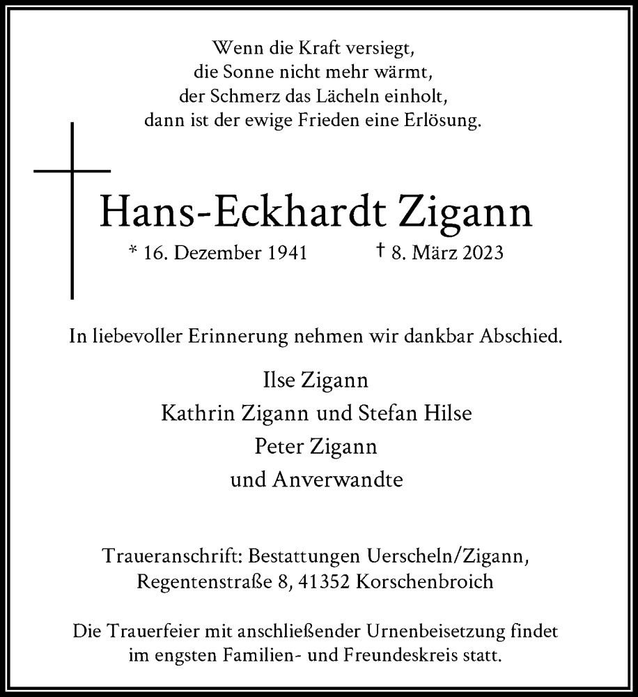  Traueranzeige für Hans-Eckhardt Zigann vom 18.03.2023 aus Rheinische Post