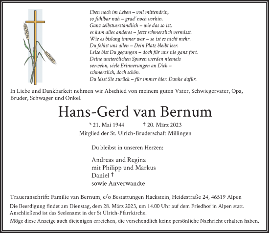 Traueranzeige von Hans-Gerd van Bernum von Rheinische Post
