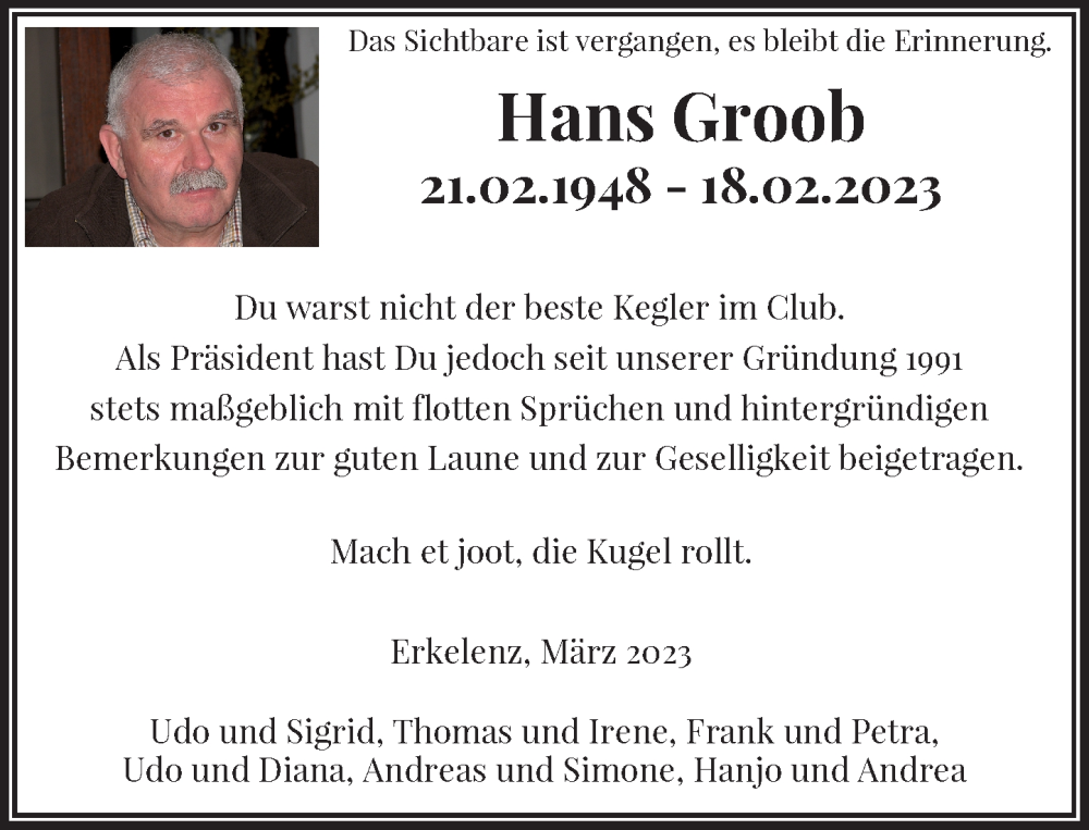  Traueranzeige für Hans Groob vom 15.03.2023 aus Rheinische Post