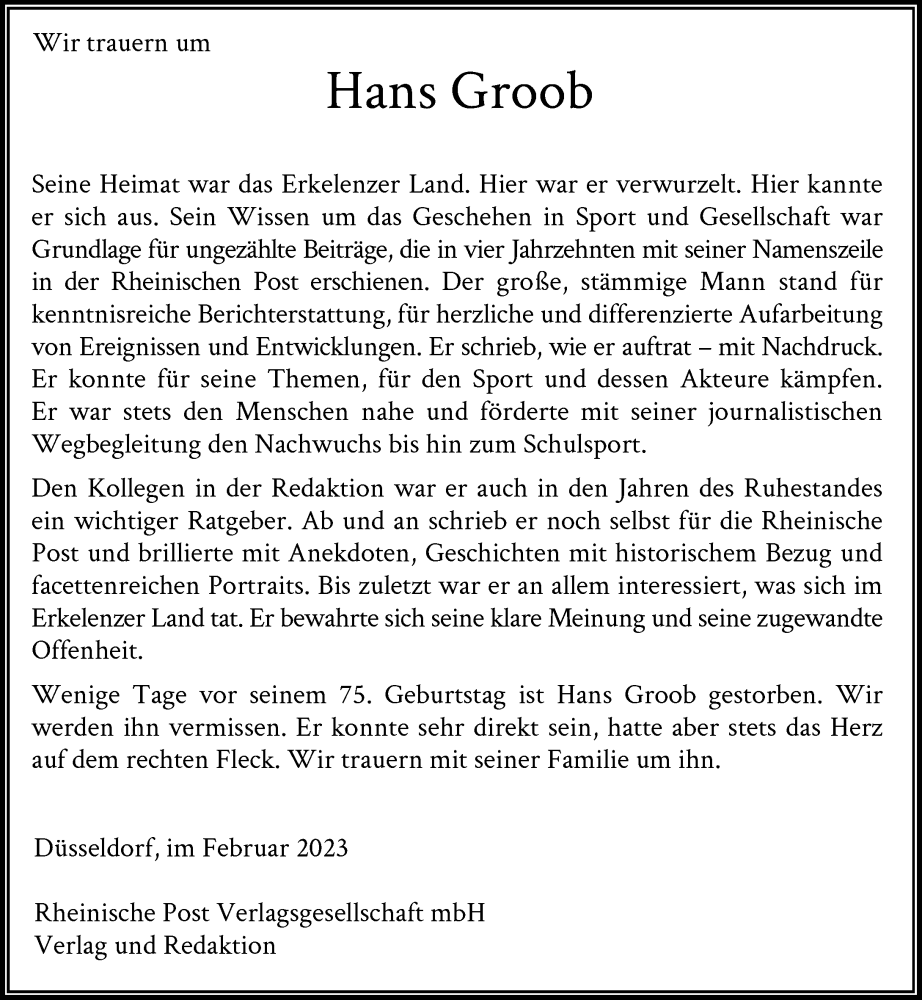  Traueranzeige für Hans Groob vom 11.03.2023 aus Rheinische Post
