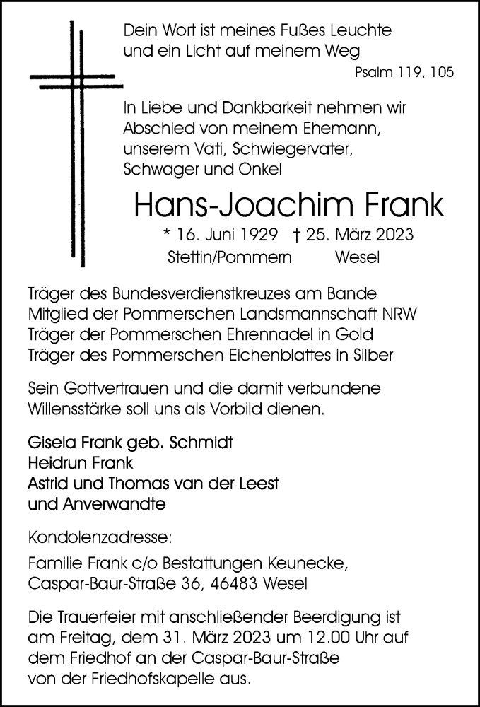  Traueranzeige für Hans-Joachim Frank vom 29.03.2023 aus Rheinische Post