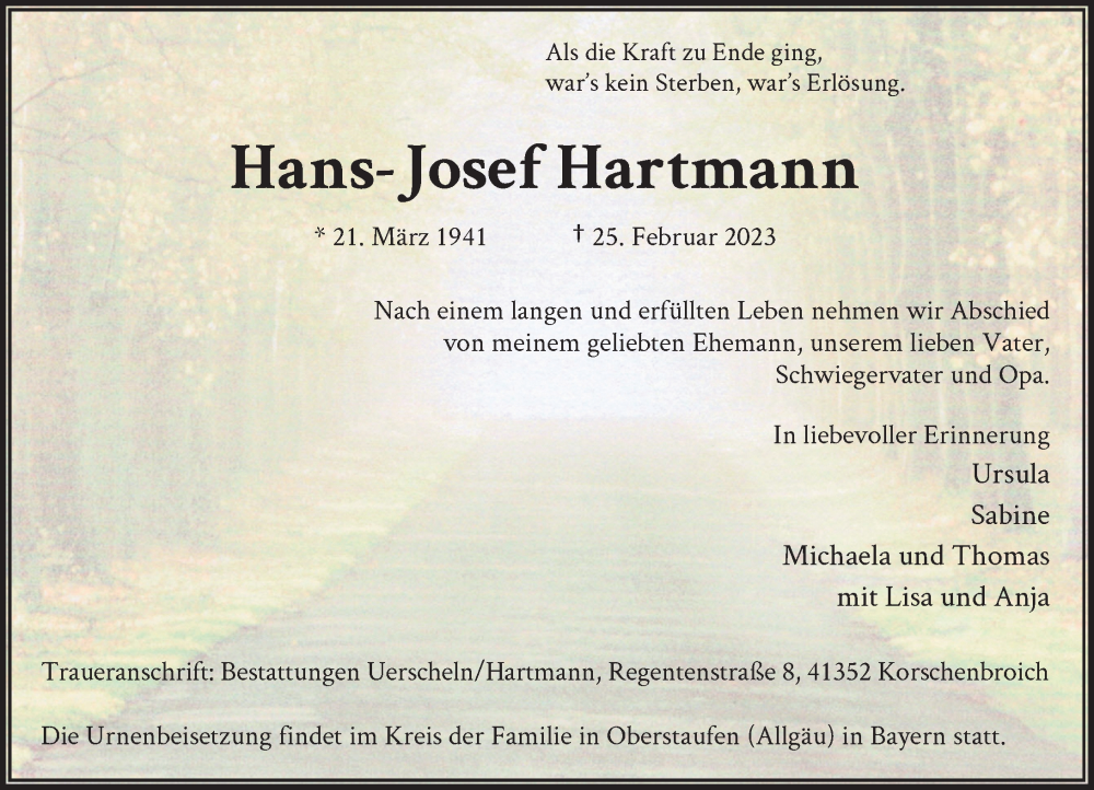  Traueranzeige für Hans-Josef Hartmann vom 04.03.2023 aus Rheinische Post
