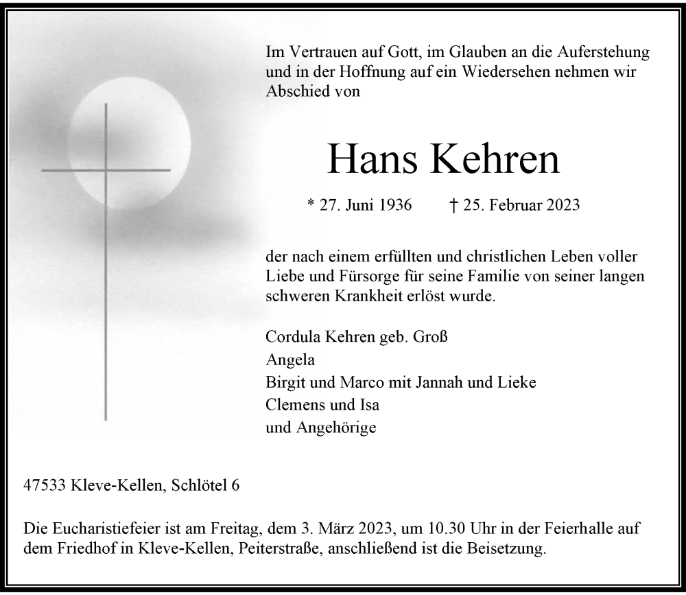  Traueranzeige für Hans Kehren vom 01.03.2023 aus Rheinische Post
