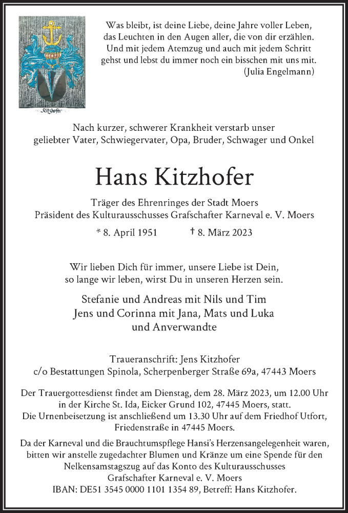  Traueranzeige für Hans Kitzhofer vom 18.03.2023 aus Rheinische Post