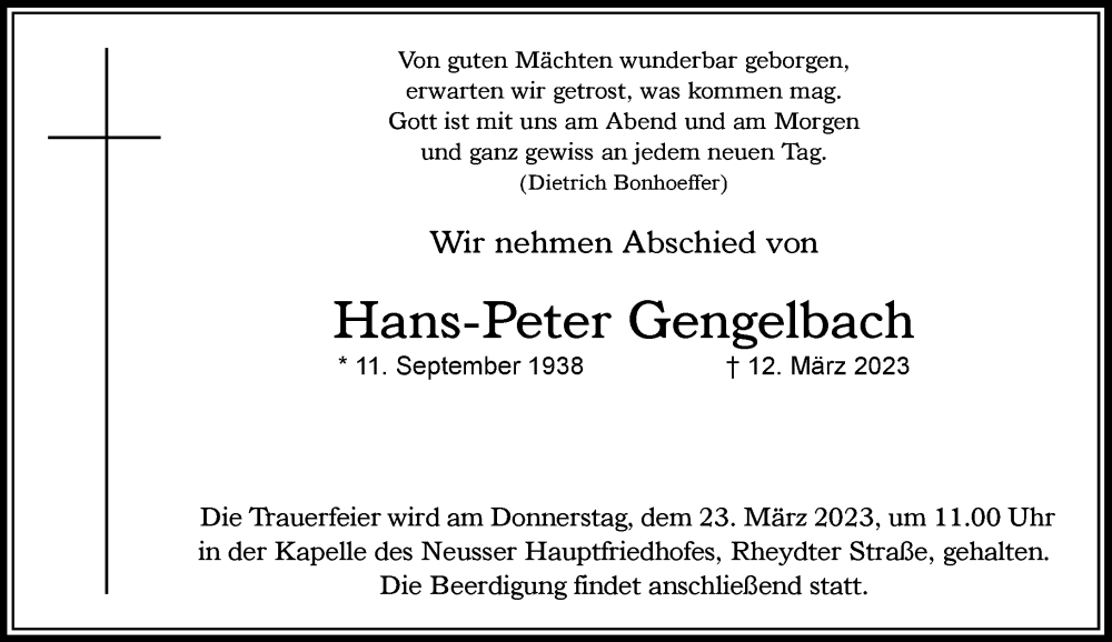  Traueranzeige für Hans-Peter Gengelbach vom 18.03.2023 aus Rheinische Post