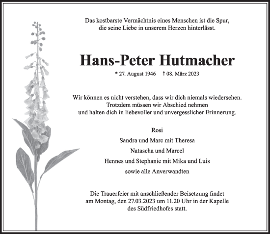 Traueranzeige von Hans-Peter Hutmacher von Rheinische Post