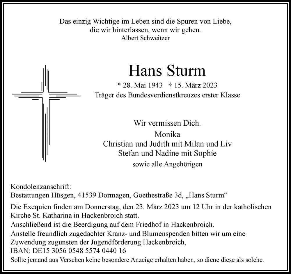  Traueranzeige für Hans Sturm vom 18.03.2023 aus Rheinische Post