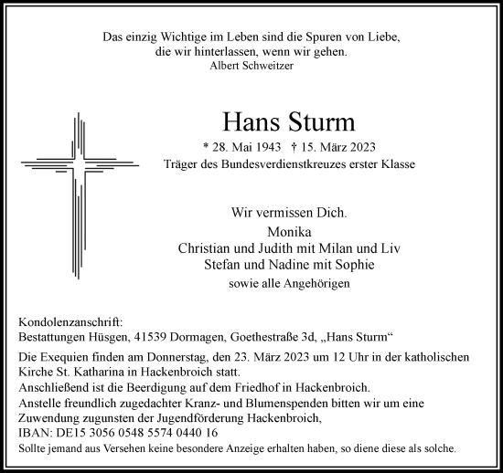 Traueranzeige von Hans Sturm von Rheinische Post