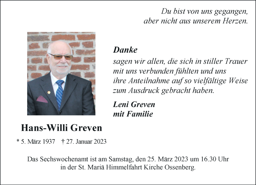  Traueranzeige für Hans-Willi Greven vom 22.03.2023 aus Rheinische Post
