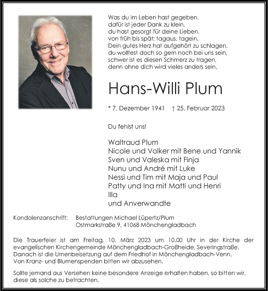  Traueranzeige für Hans-Willi Plum vom 04.03.2023 aus Rheinische Post