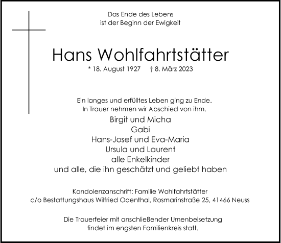 Traueranzeige von Hans Wohlfahrtstätter von Rheinische Post