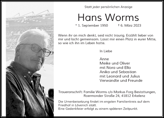 Traueranzeige von Hans Worms von Rheinische Post
