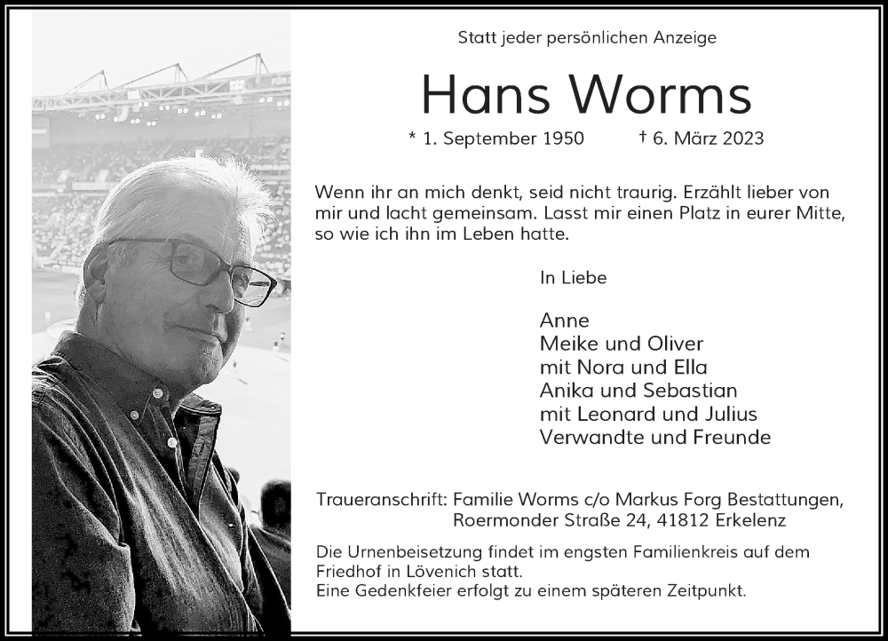  Traueranzeige für Hans Worms vom 11.03.2023 aus Rheinische Post