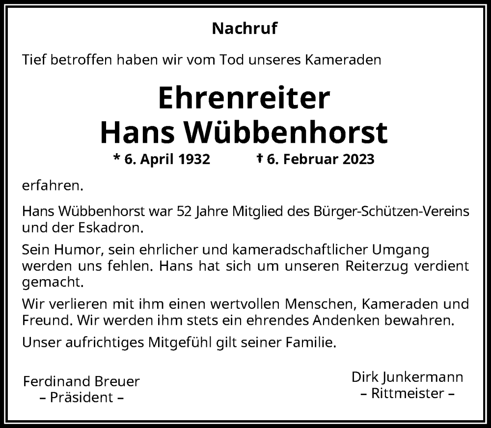  Traueranzeige für Hans Wübbenhorst vom 16.03.2023 aus Rheinische Post
