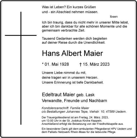 Traueranzeige von Hans Albert Maier von Rheinische Post