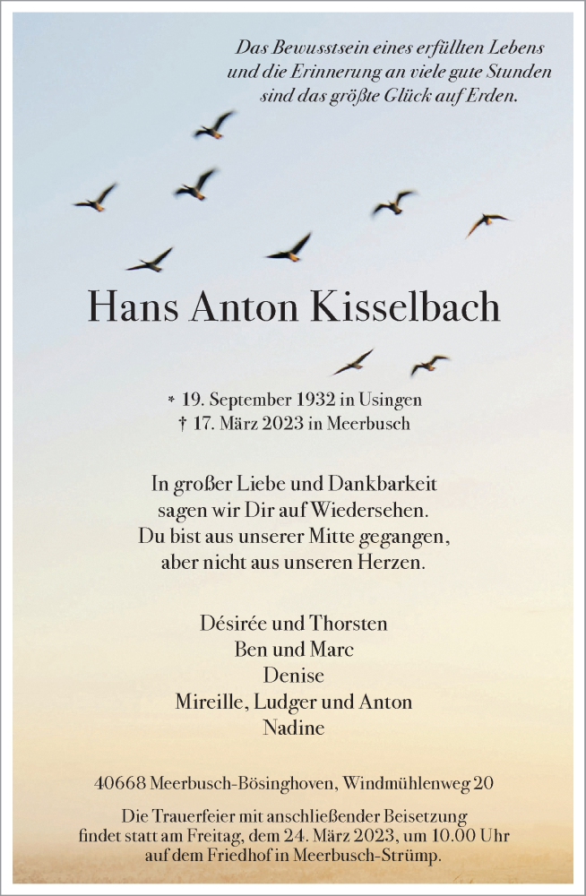  Traueranzeige für Hans Anton Kisselbach vom 22.03.2023 aus Rheinische Post