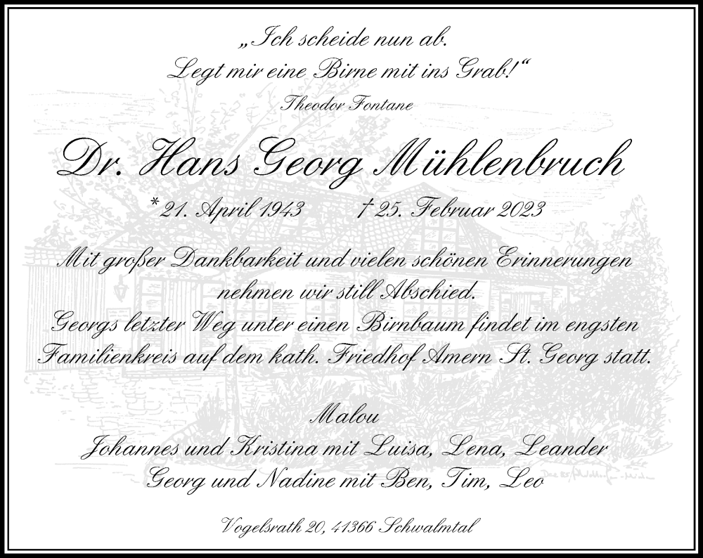  Traueranzeige für Hans Georg Mühlenbruch vom 18.03.2023 aus Rheinische Post