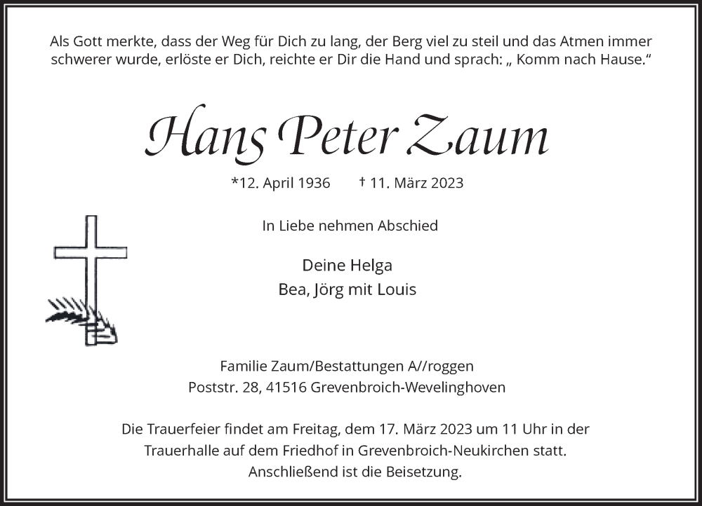  Traueranzeige für Hans Peter Zaum vom 15.03.2023 aus Rheinische Post