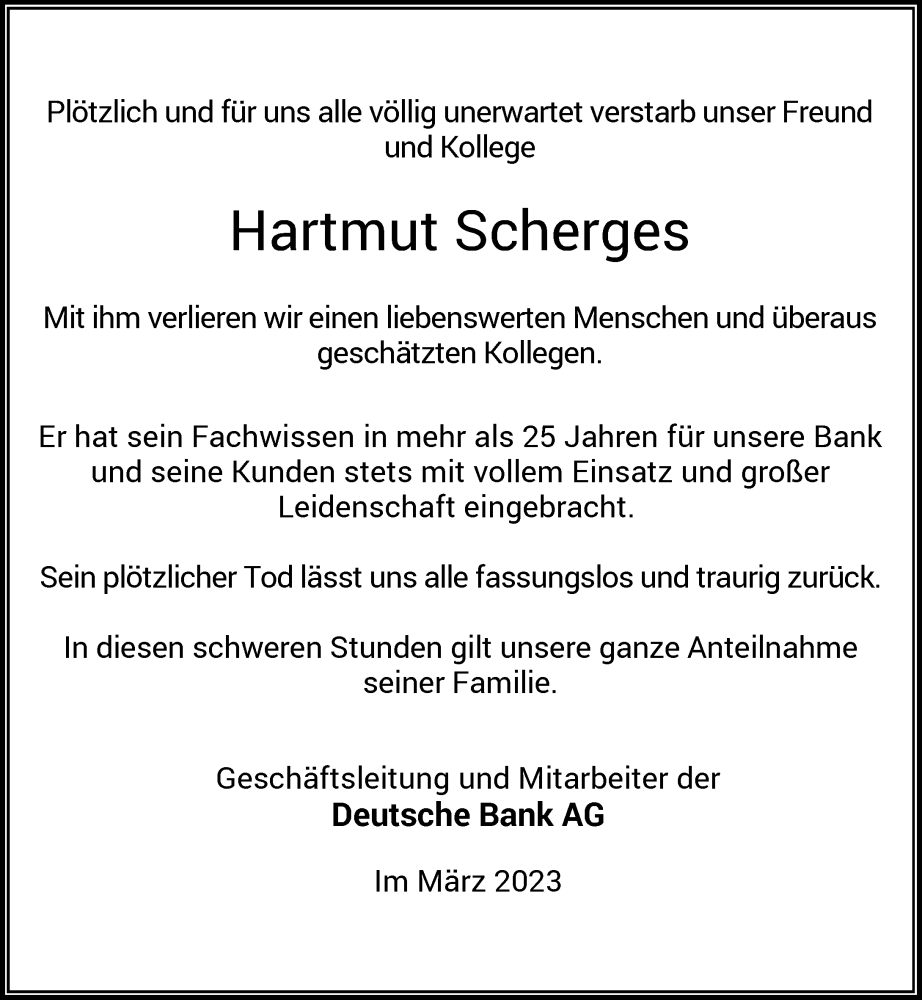  Traueranzeige für Hartmut Scherges vom 18.03.2023 aus Rheinische Post