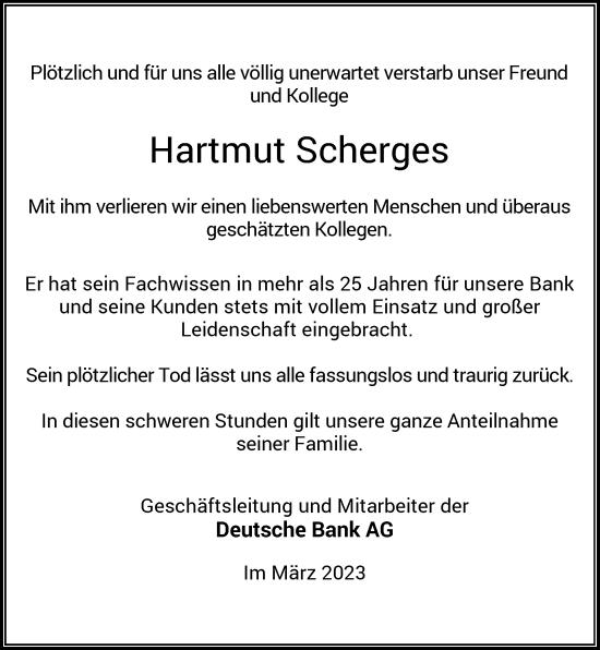 Traueranzeige von Hartmut Scherges von Rheinische Post