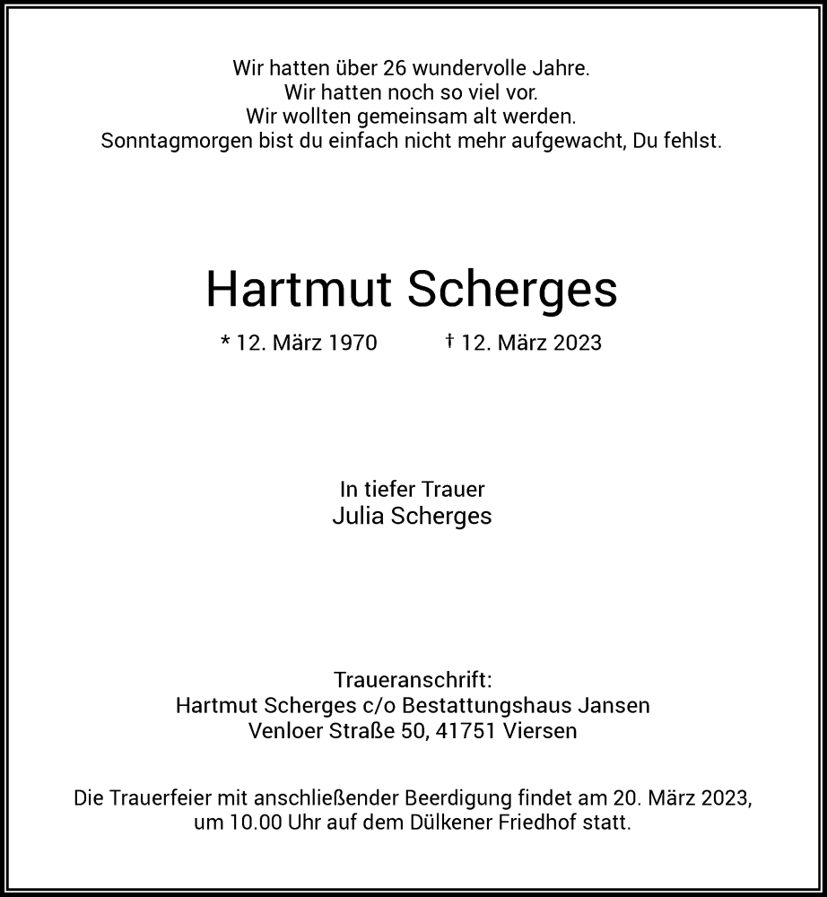  Traueranzeige für Hartmut Scherges vom 18.03.2023 aus Rheinische Post