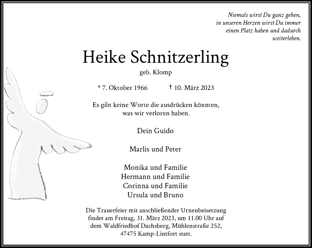  Traueranzeige für Heike Schnitzerling vom 25.03.2023 aus Rheinische Post