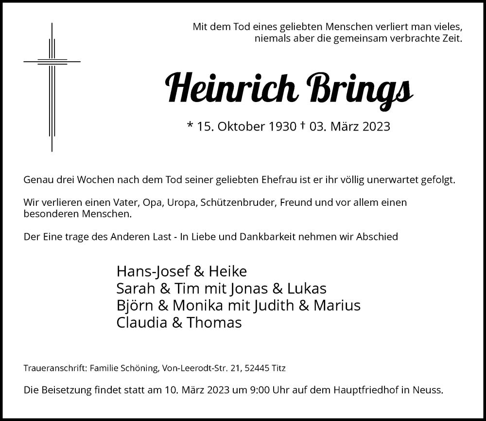  Traueranzeige für Heinrich Brings vom 09.03.2023 aus Rheinische Post