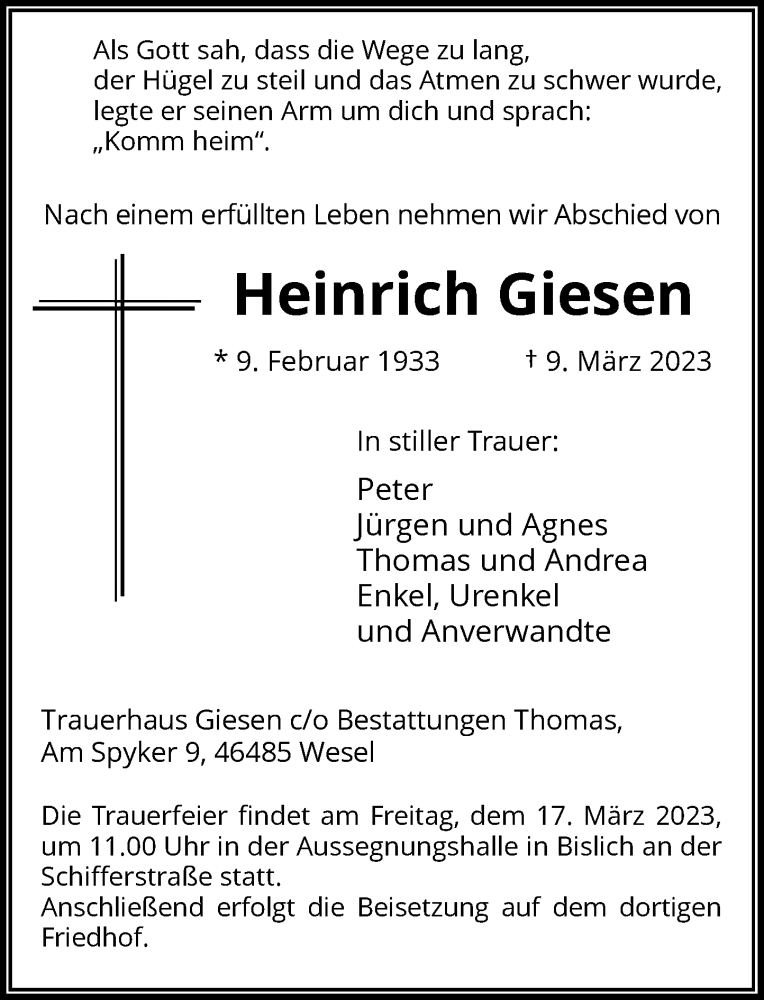 Traueranzeige für Heinrich Giesen vom 15.03.2023 aus Rheinische Post