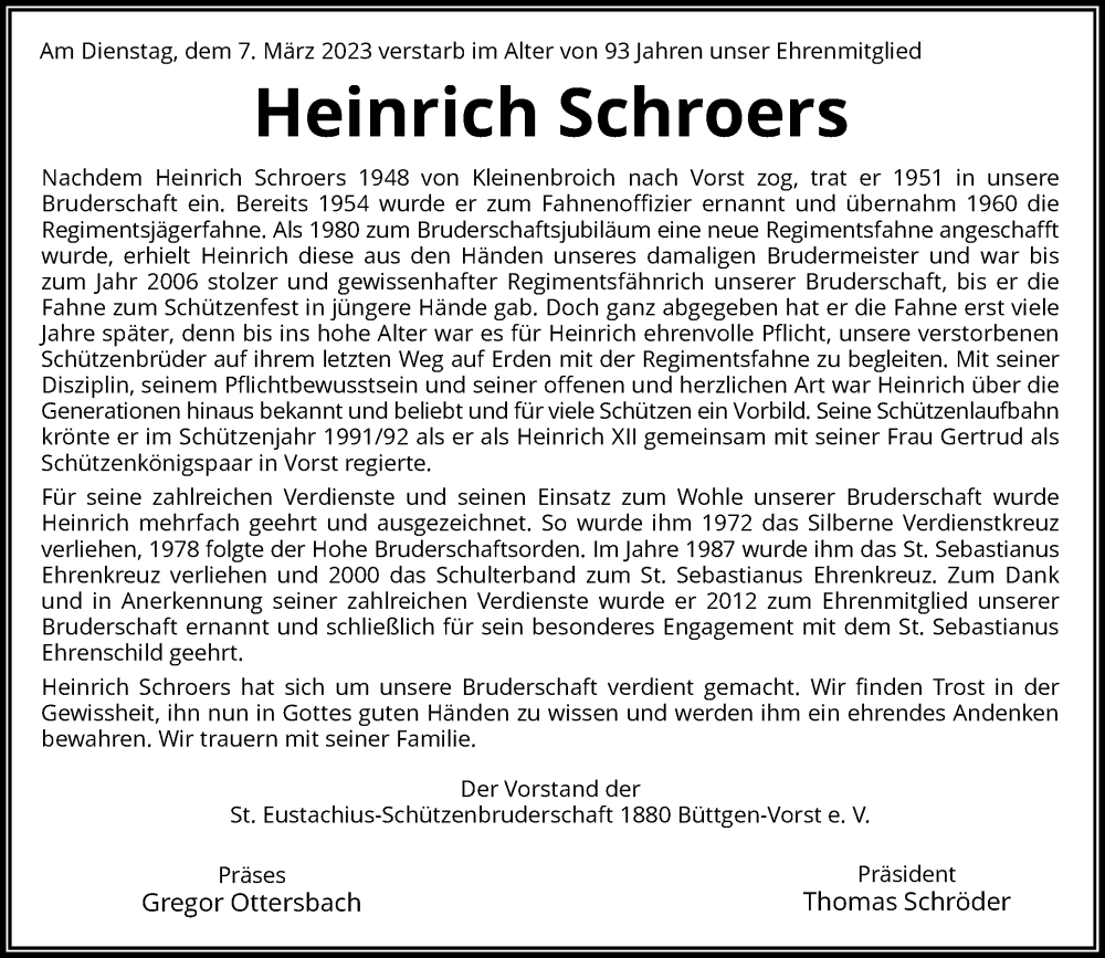  Traueranzeige für Heinrich Schroers vom 11.03.2023 aus Rheinische Post