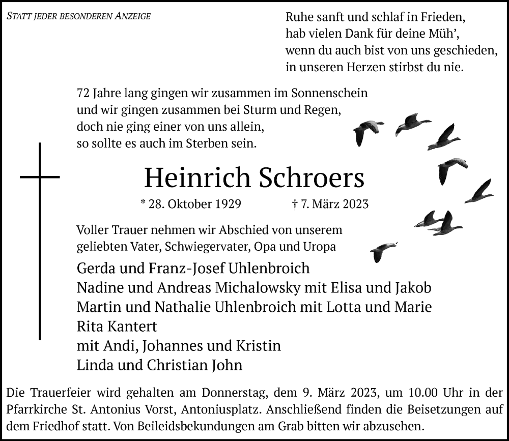  Traueranzeige für Heinrich Schroers vom 08.03.2023 aus Rheinische Post