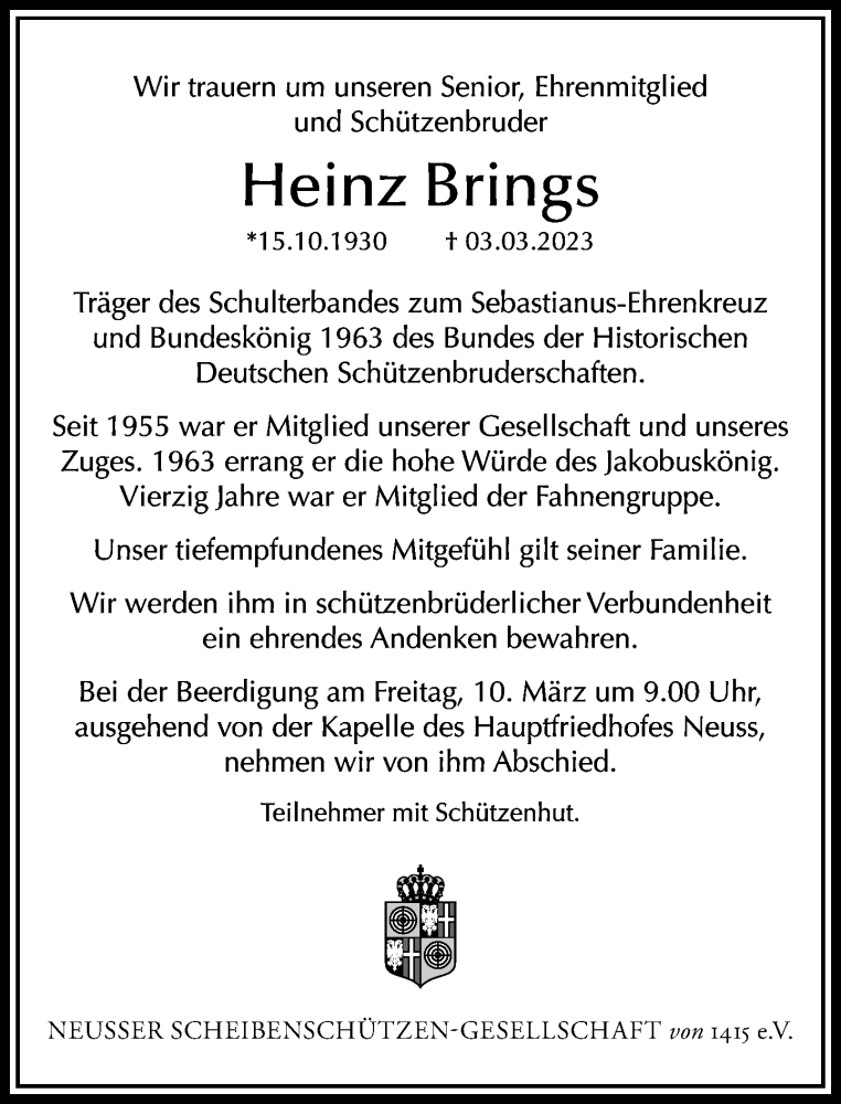  Traueranzeige für Heinz Brings vom 09.03.2023 aus Rheinische Post