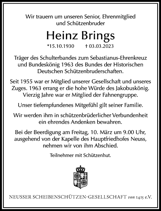 Traueranzeige von Heinz Brings von Rheinische Post