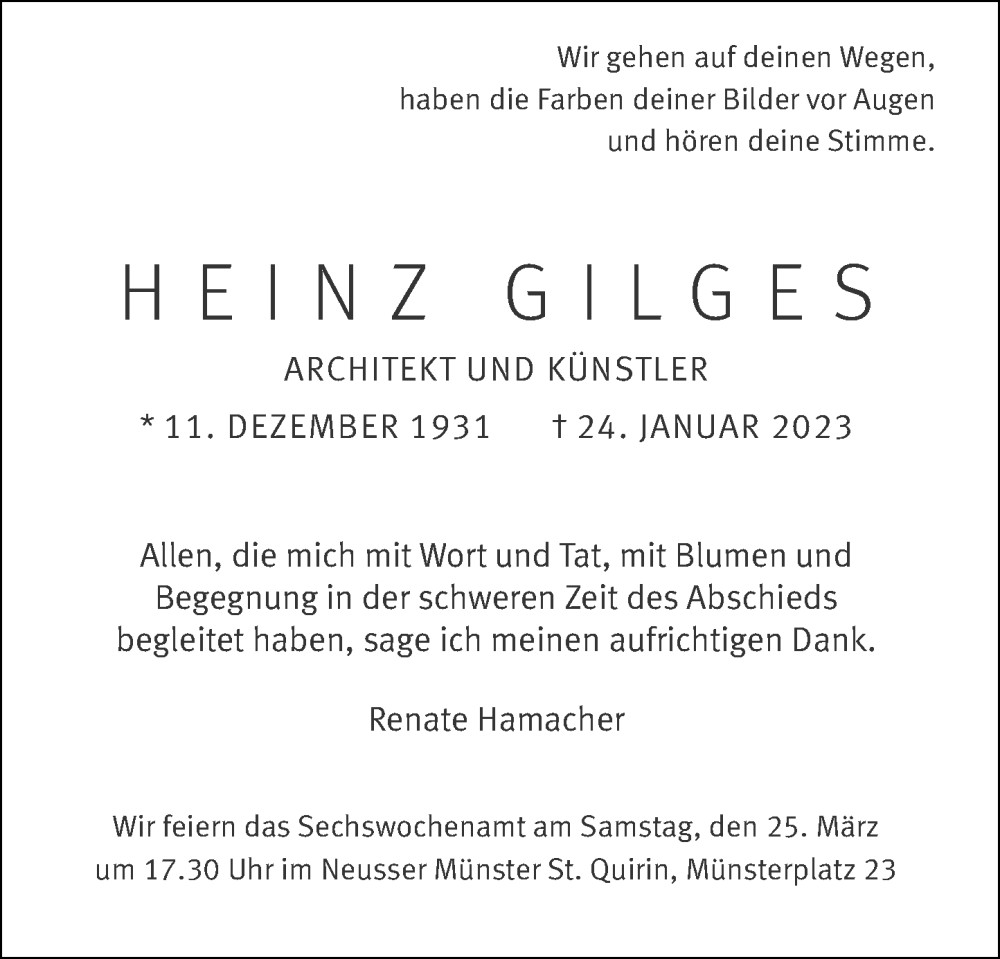  Traueranzeige für Heinz Gilges vom 18.03.2023 aus Rheinische Post