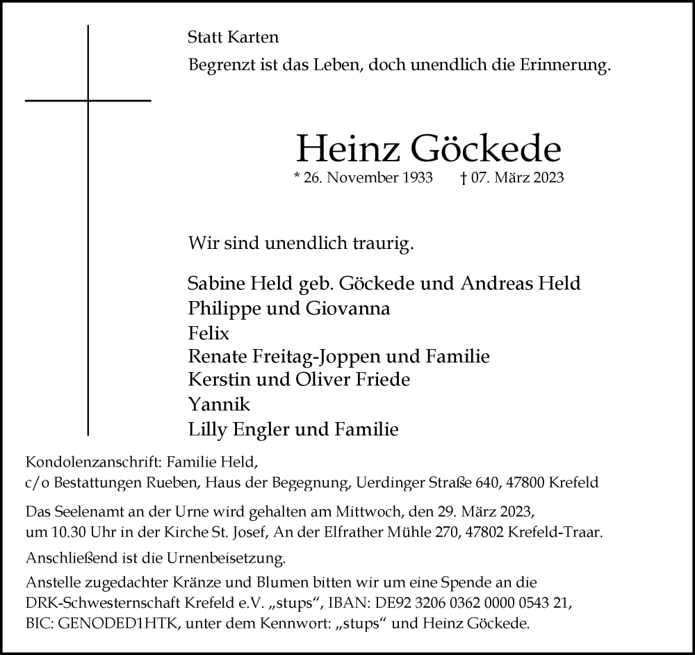  Traueranzeige für Heinz Göckede vom 18.03.2023 aus Rheinische Post