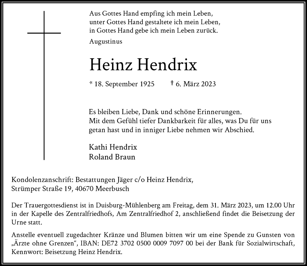  Traueranzeige für Heinz Hendrix vom 25.03.2023 aus Rheinische Post
